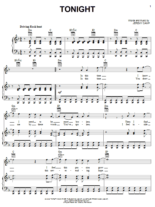 Jeremy Camp Tonight sheet music notes and chords. Download Printable PDF.