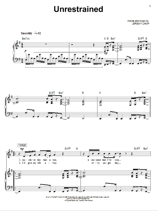 Jeremy Camp Unrestrained sheet music notes and chords. Download Printable PDF.