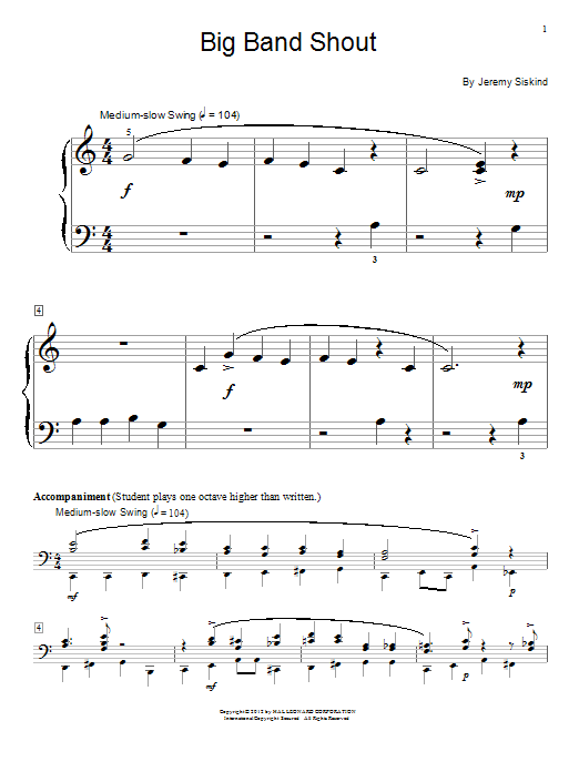 Learn to play Jeremy Siskind Big Band Shout sheet music for Educational Piano in minutes. Price: 6.9900$ Jeremy Siskind Big Band Shout sheet music notes and chords arranged for Educational Piano