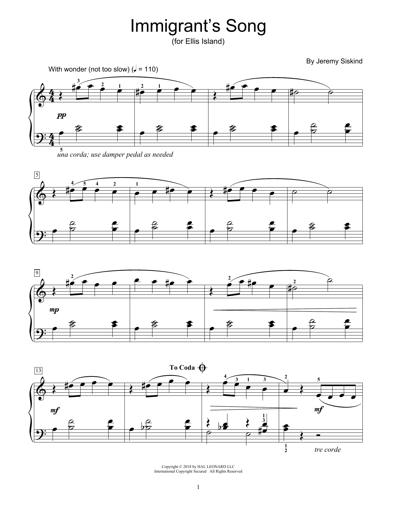 Jeremy Siskind Immigrant's Song sheet music notes and chords. Download Printable PDF.