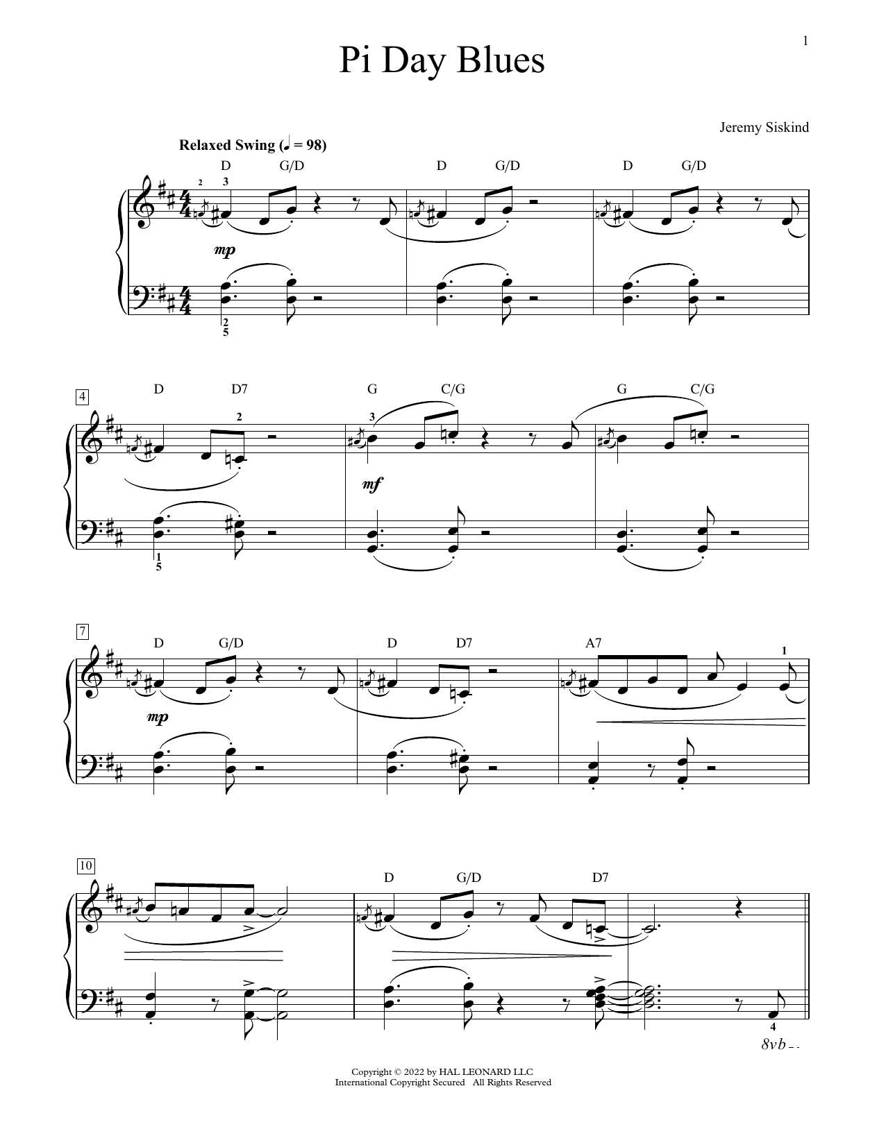 Jeremy Siskind Pi Day Blues sheet music notes and chords. Download Printable PDF.