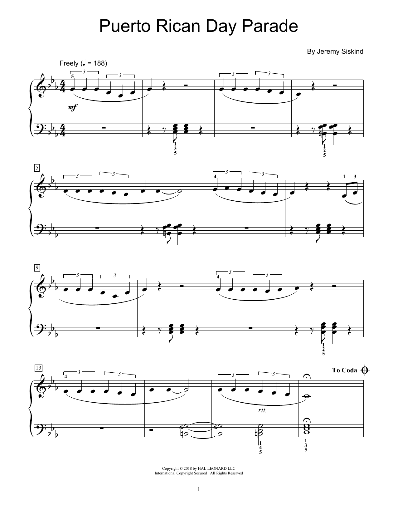 Learn to play Jeremy Siskind Puerto Rican Day Parade sheet music for Educational Piano in minutes. Price: 6.9900$ Jeremy Siskind Puerto Rican Day Parade sheet music notes and chords arranged for Educational Piano