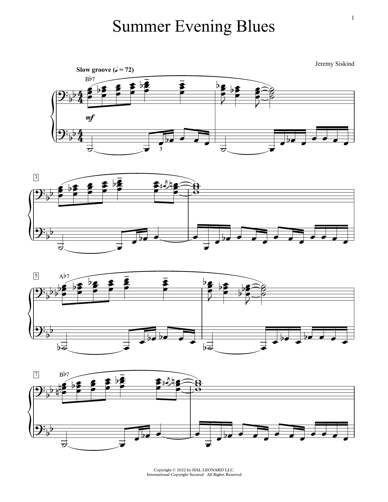 Jeremy Siskind Summer Evening Blues sheet music notes and chords. Download Printable PDF.