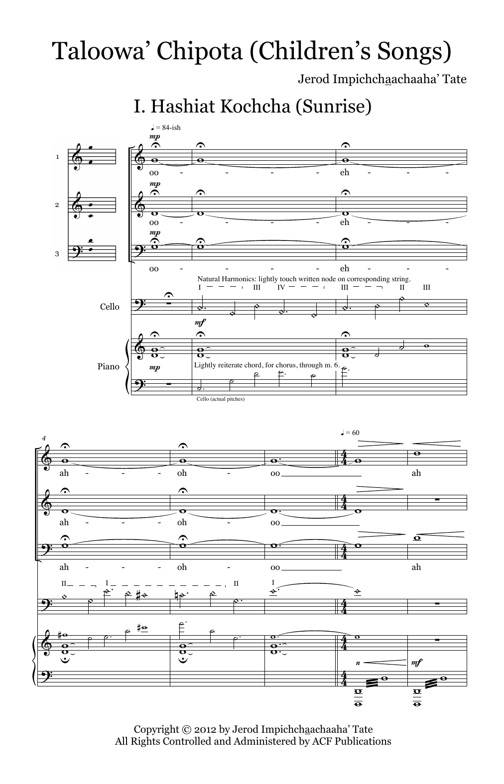Learn to play Jerod Impichchaachaaha' Tate Taloowa' Chipota (Children's Songs) sheet music for 3-Part Mixed Choir in minutes. Price: 3.9900$ Jerod Impichchaachaaha' Tate Taloowa' Chipota (Children's Songs) sheet music notes and chords arranged for 3-Part Mixed Choir