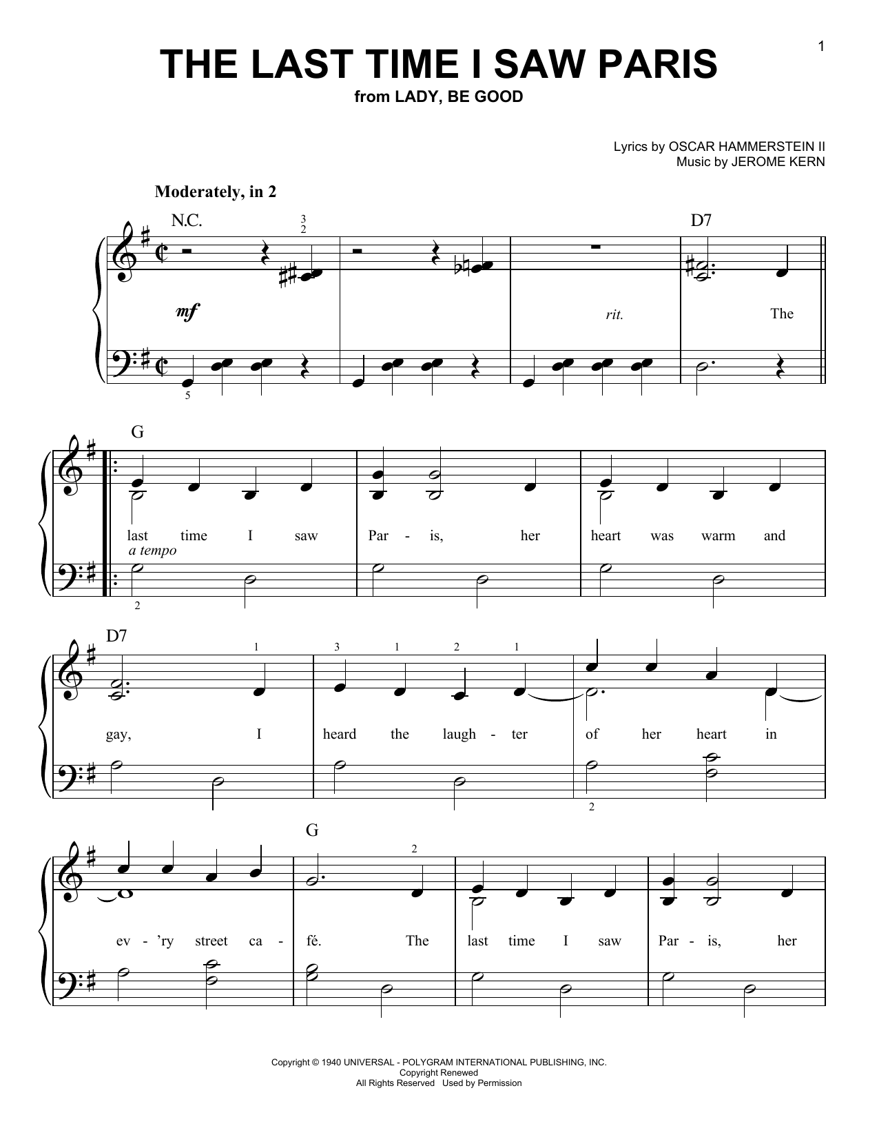 Jerome Kern The Last Time I Saw Paris sheet music notes and chords. Download Printable PDF.