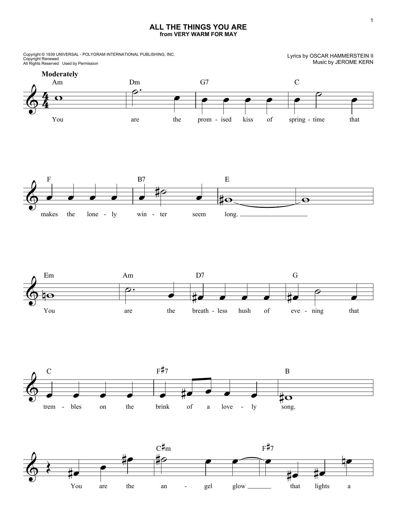 Jerome Kern All The Things You Are (from Very Warm For May) sheet music notes and chords arranged for Easy Lead Sheet / Fake Book