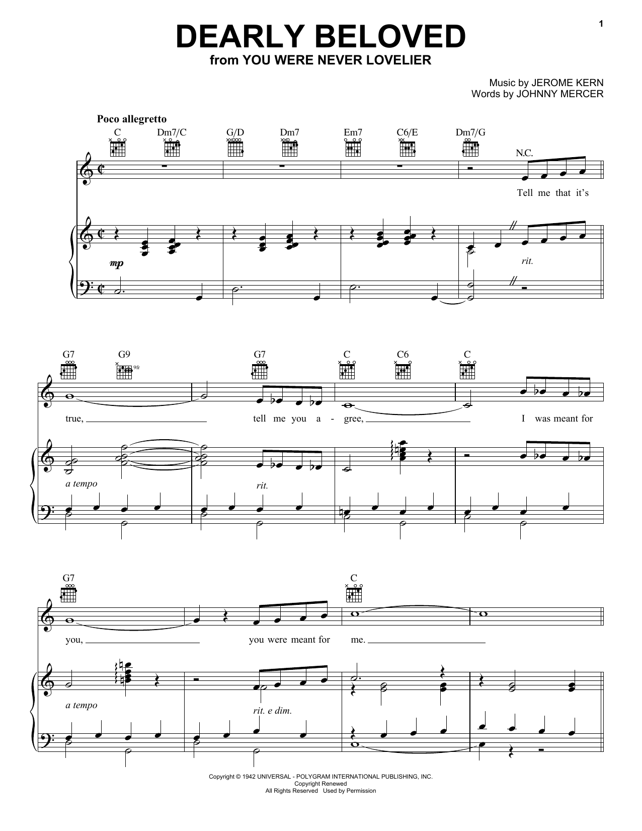 Jerome Kern Dearly Beloved sheet music notes and chords arranged for Easy Piano