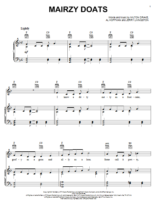 Jerry Livingston Mairzy Doats sheet music notes and chords - Download Printable PDF and start playing in minutes.