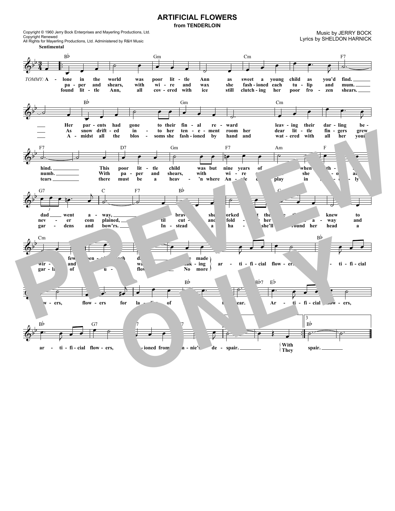Learn to play Jerry Bock Artificial Flowers sheet music for Lead Sheet / Fake Book in minutes. Price: 5.9900$ Jerry Bock Artificial Flowers sheet music notes and chords arranged for Lead Sheet / Fake Book