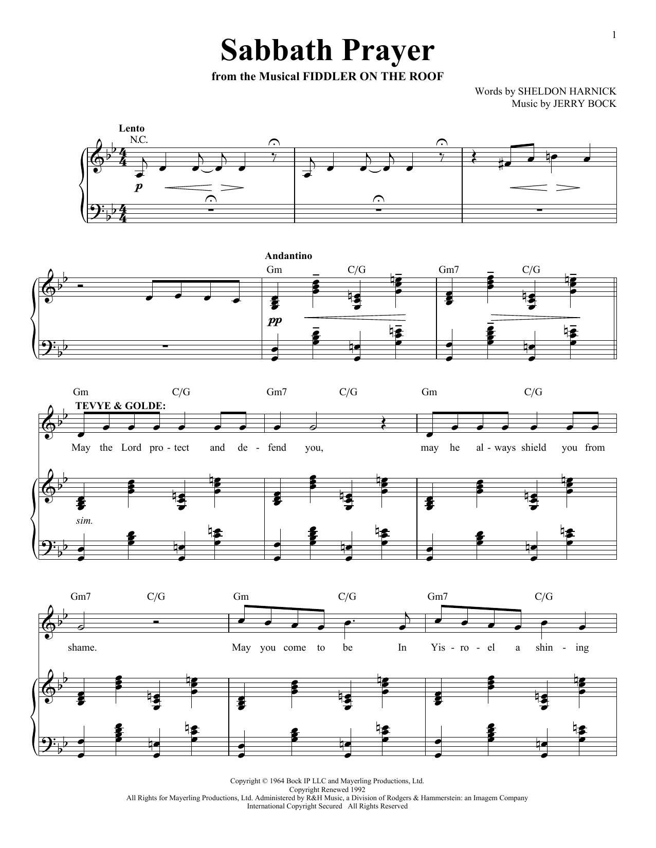 Jerry Bock Sabbath Prayer sheet music notes and chords. Download Printable PDF.