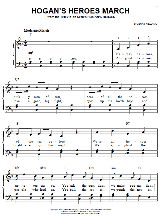 Learn to play Jerry Fielding Hogan's Heroes March sheet music for Piano Solo in minutes. Jerry Fielding Hogan's Heroes March sheet music notes and chords. Download Printable PDF.