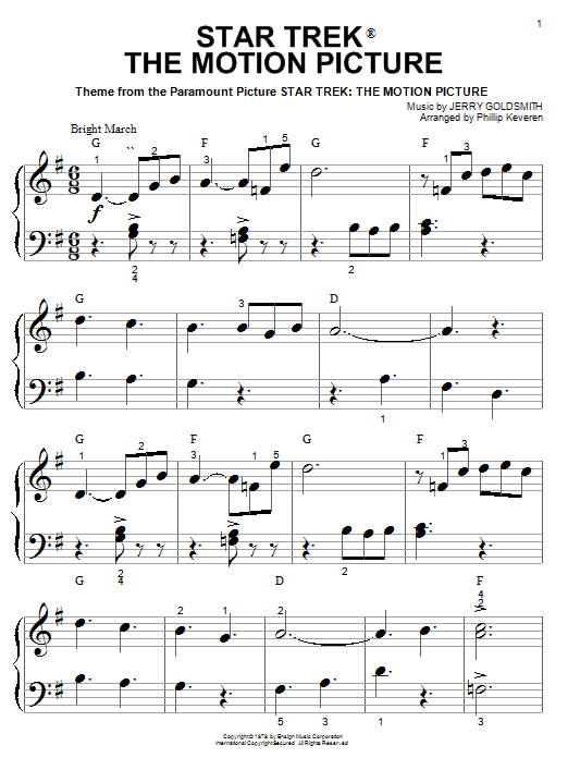 Learn to play Jerry Goldsmith Star Trek(R) The Motion Picture sheet music for Big Note Piano in minutes. Price: 6.9900$ Jerry Goldsmith Star Trek(R) The Motion Picture sheet music notes and chords arranged for Big Note Piano