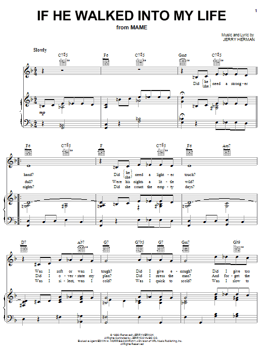 Learn to play Jerry Herman If He Walked Into My Life sheet music for Lead Sheet / Fake Book in minutes. Price: 5.9900$ Jerry Herman If He Walked Into My Life sheet music notes and chords arranged for Lead Sheet / Fake Book