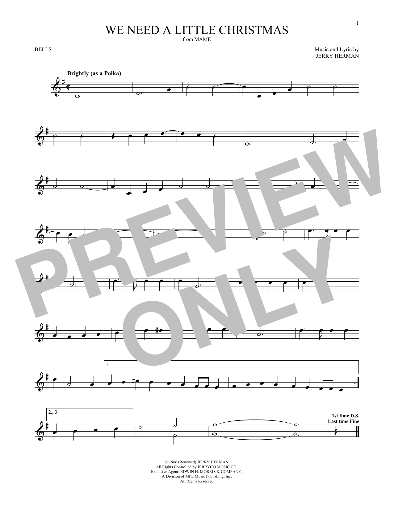 Learn to play Jerry Herman We Need A Little Christmas (from Mame) sheet music for Bells Solo in minutes. Price: 6.9900$ Jerry Herman We Need A Little Christmas (from Mame) sheet music notes and chords arranged for Bells Solo