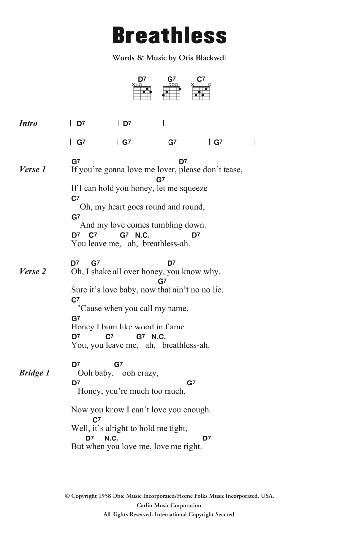 Jerry Lee Lewis Breathless sheet music notes and chords. Download Printable PDF.