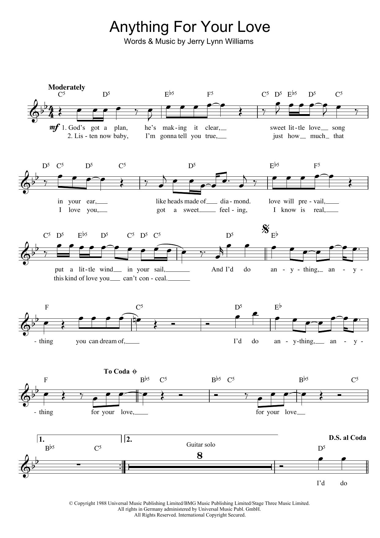Jerry Lynn Williams Anything For Your Love sheet music notes and chords. Download Printable PDF.
