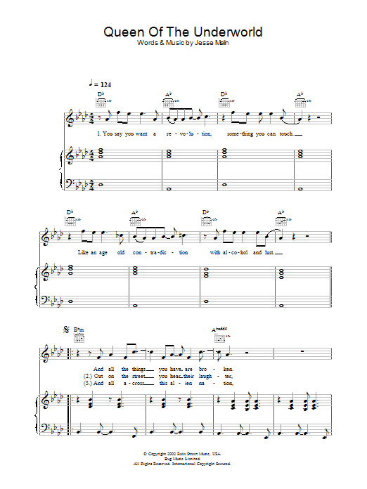Jesse Malin Queen Of The Underworld sheet music notes and chords. Download Printable PDF.