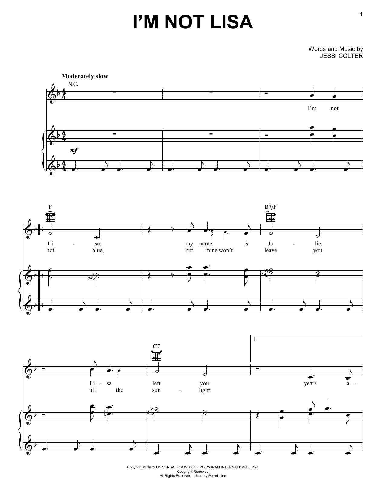 Learn to play Jessi Colter I'm Not Lisa sheet music for Lead Sheet / Fake Book in minutes. Price: 5.9900$ Jessi Colter I'm Not Lisa sheet music notes and chords arranged for Lead Sheet / Fake Book