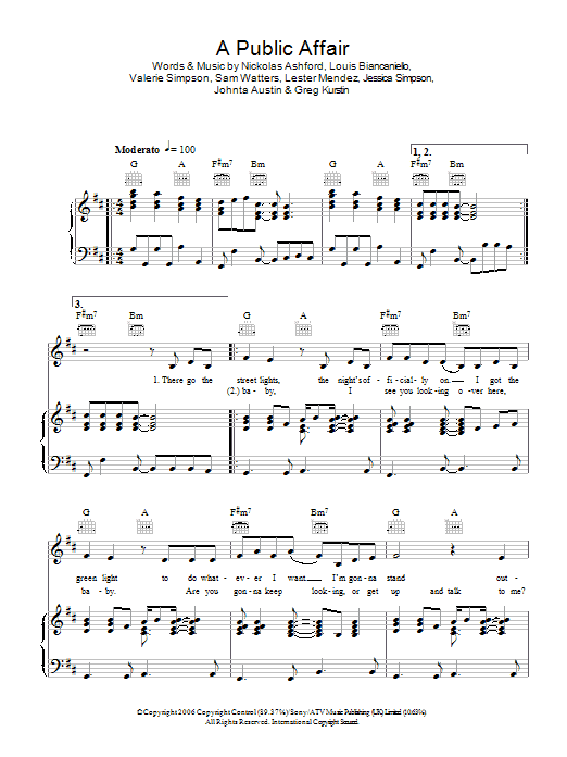 Learn to play Jessica Simpson A Public Affair sheet music for Piano, Vocal & Guitar in minutes. Price: 7.8900$ Jessica Simpson A Public Affair sheet music notes and chords. Download Printable PDF.