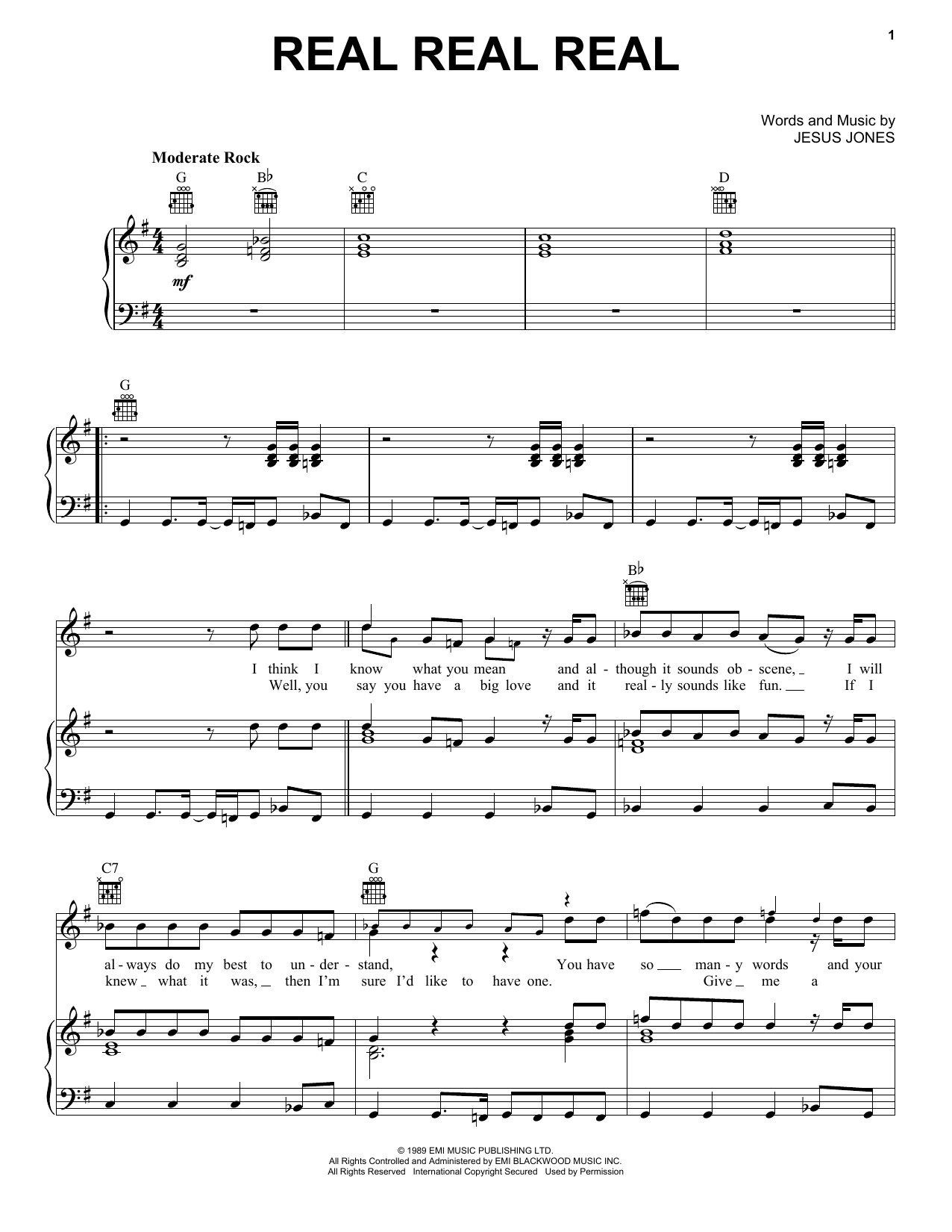 Jesus Jones Real Real Real sheet music notes and chords. Download Printable PDF.