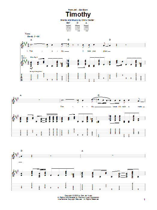 Learn to play Jet Timothy sheet music for Guitar Tab in minutes. Jet Timothy sheet music notes and chords. Download Printable PDF.