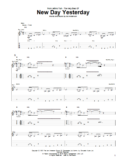 Jethro Tull New Day Yesterday sheet music notes and chords. Download Printable PDF.