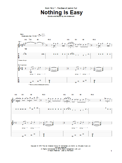 Learn to play Jethro Tull Nothing Is Easy sheet music for Guitar Tab in minutes. Price: 7.8900$ Jethro Tull Nothing Is Easy sheet music notes and chords arranged for Guitar Tab