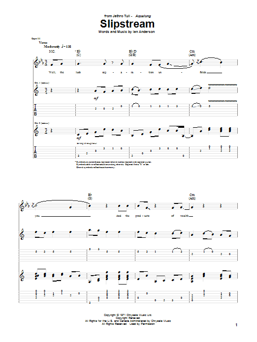 Jethro Tull Slipstream sheet music notes and chords. Download Printable PDF.