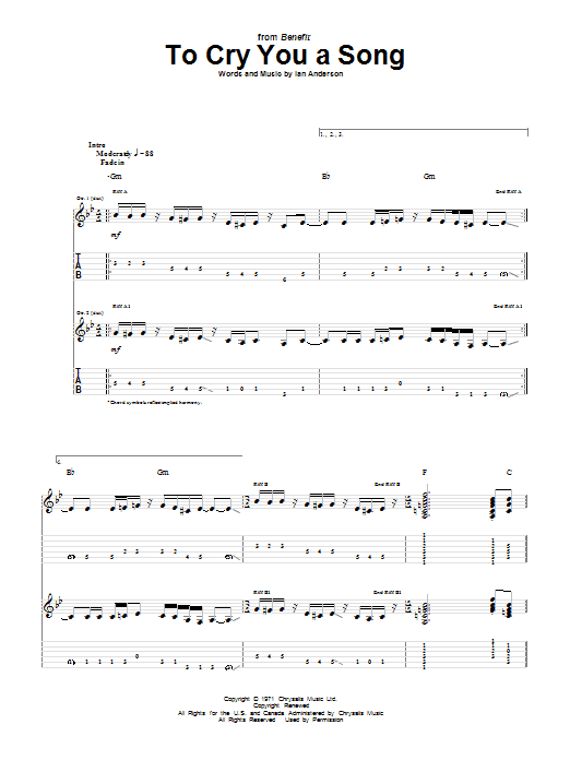 Learn to play Jethro Tull To Cry You A Song sheet music for Guitar Tab in minutes. Price: 7.8900$ Jethro Tull To Cry You A Song sheet music notes and chords arranged for Guitar Tab