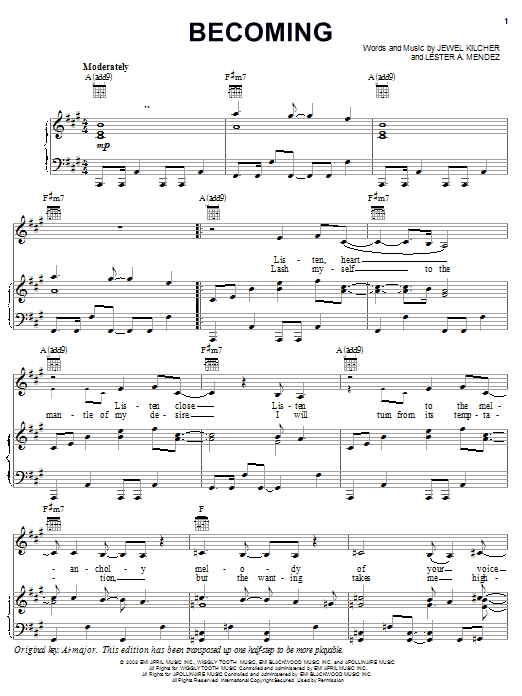 Jewel Becoming sheet music notes and chords. Download Printable PDF.