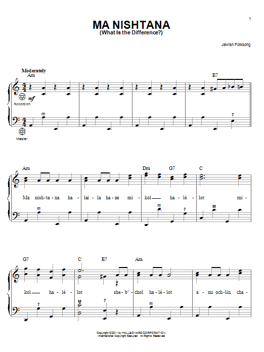 Learn to play Jewish Folksong Ma Nishtana (What Is The Difference?) sheet music for Accordion in minutes. Jewish Folksong Ma Nishtana (What Is The Difference?) sheet music notes and chords. Download Printable PDF.