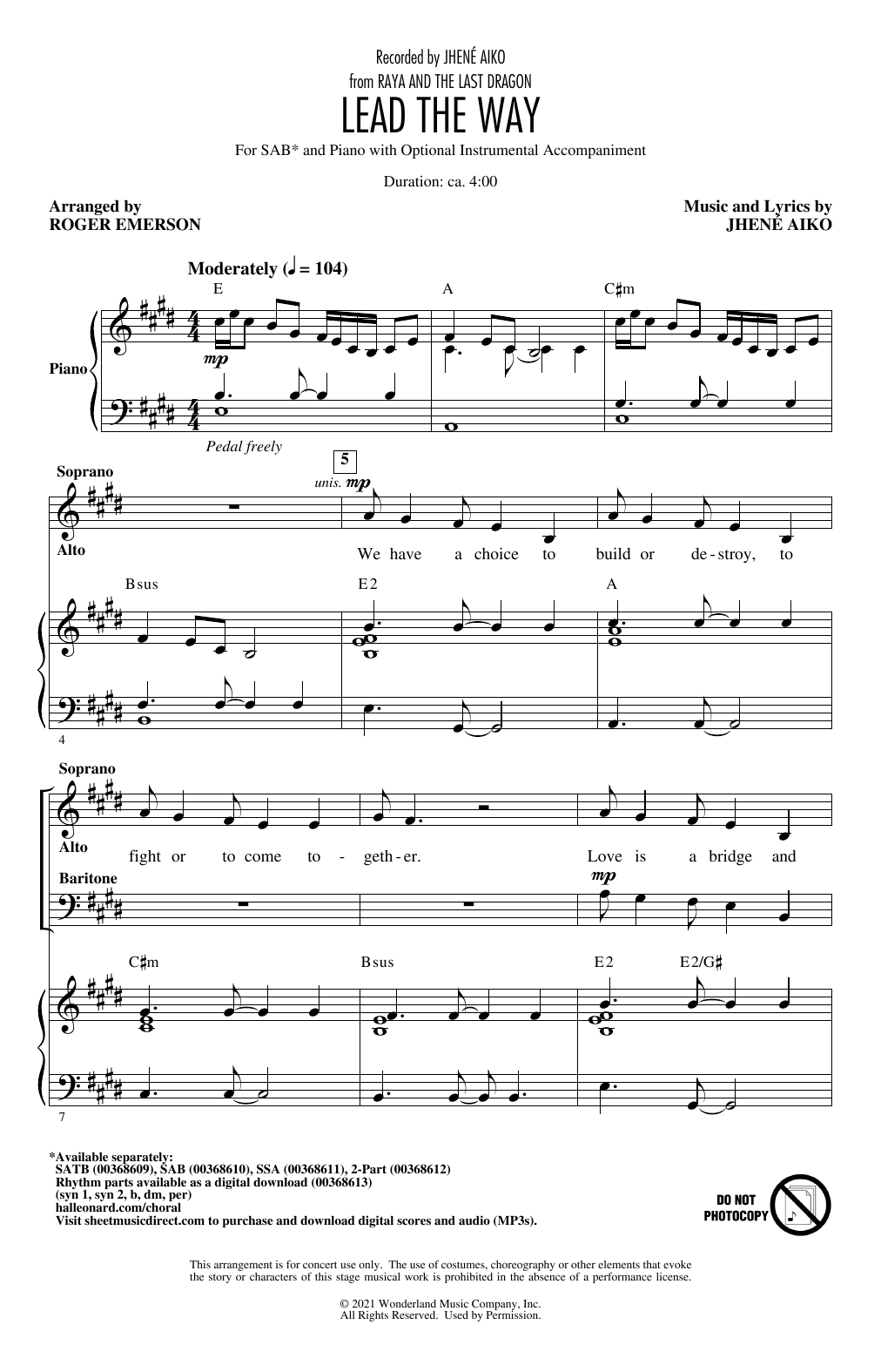 Learn to play Jhené Aiko Lead The Way (from Disney's Raya And The Last Dragon) (arr. Roger Emerson) sheet music for SATB Choir in minutes. Price: 3.9900$ Jhené Aiko Lead The Way (from Disney's Raya And The Last Dragon) (arr. Roger Emerson) sheet music notes and chords arranged for SATB Choir