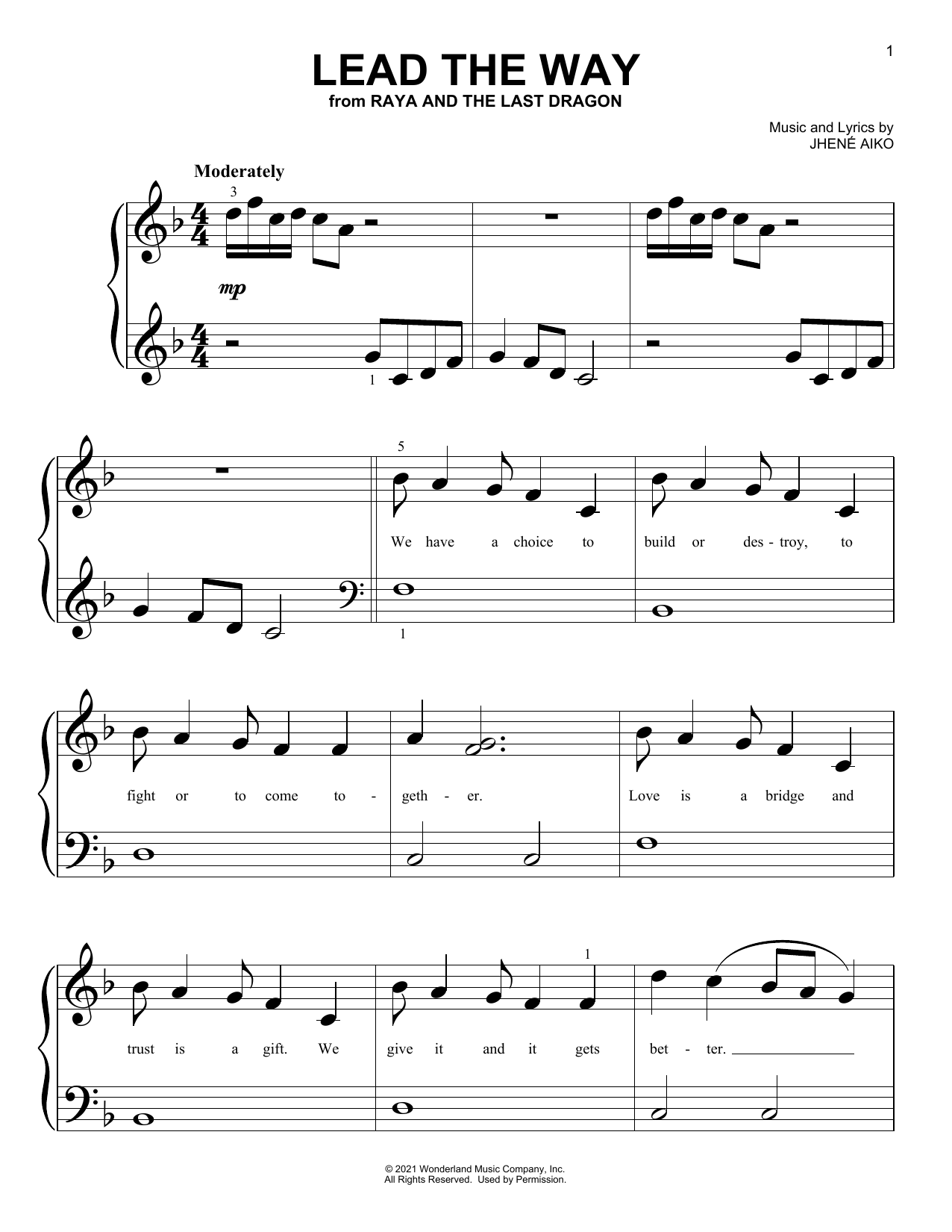 Learn to play Jhene Aiko Lead The Way (from Disney's Raya And The Last Dragon) sheet music for Big Note Piano in minutes. Price: 6.9900$ Jhene Aiko Lead The Way (from Disney's Raya And The Last Dragon) sheet music notes and chords arranged for Big Note Piano