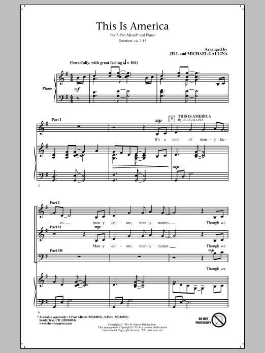 Learn to play Jill and Michael Gallina This Is America sheet music for 2-Part Choir in minutes. Price: 3.9900$ Jill and Michael Gallina This Is America sheet music notes and chords arranged for 2-Part Choir