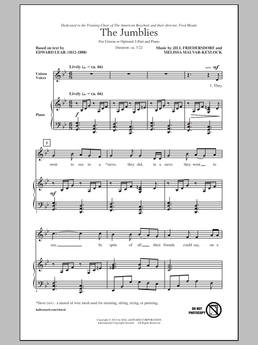 Learn to play Jill Friedersdorf and Melissa Malvar-Keylock The Jumblies sheet music for Unison Choir in minutes. Price: 3.9900$ Jill Friedersdorf and Melissa Malvar-Keylock The Jumblies sheet music notes and chords arranged for Unison Choir