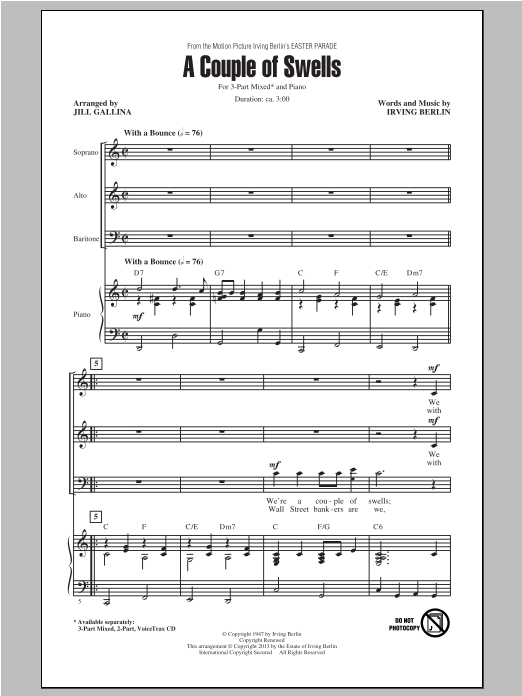 Learn to play Jill Gallina A Couple Of Swells sheet music for 3-Part Mixed Choir in minutes. Price: 3.9900$ Jill Gallina A Couple Of Swells sheet music notes and chords arranged for 3-Part Mixed Choir