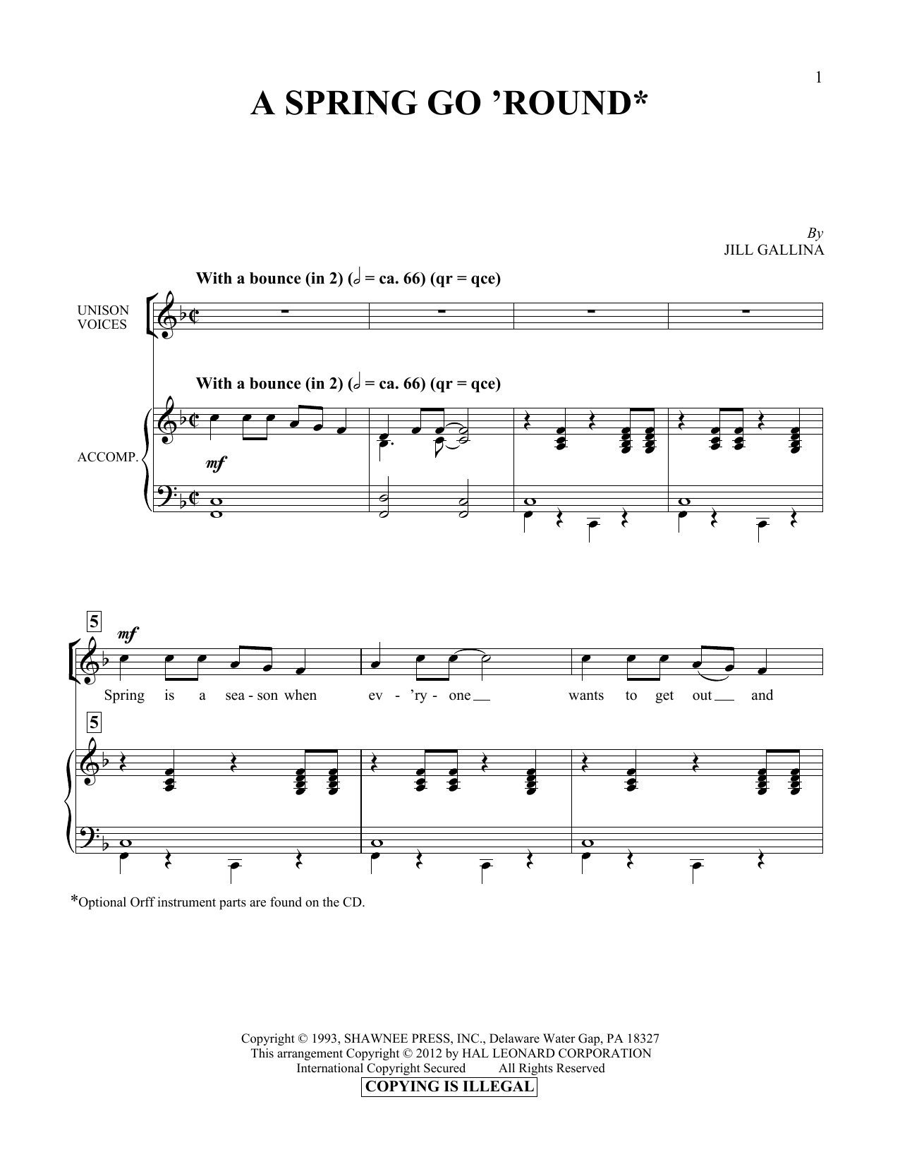 Learn to play Jill Gallina A Spring Go 'Round sheet music for Vocal Duet in minutes. Price: 6.9900$ Jill Gallina A Spring Go 'Round sheet music notes and chords arranged for Vocal Duet