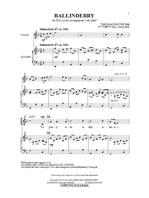 Jill Gallina Ballinderry sheet music notes and chords. Download Printable PDF.