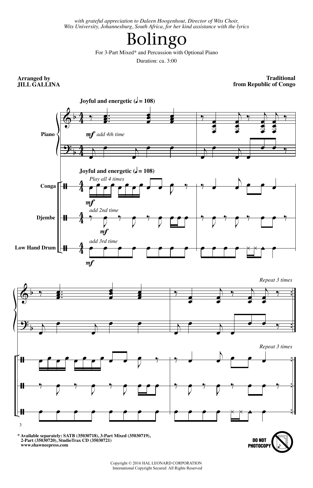 Jill Gallina Bolingo sheet music notes and chords. Download Printable PDF.