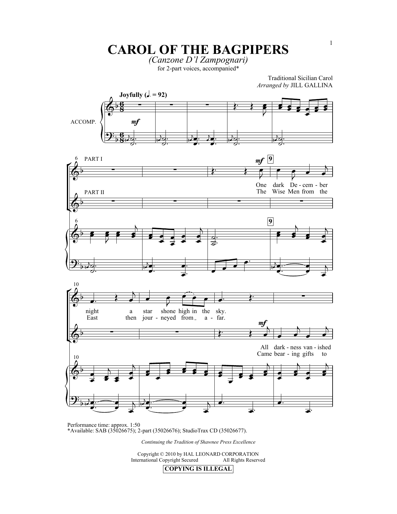 Learn to play Jill Gallina Carol Of The Bagpipers (Canzone D'l Zampognari) sheet music for SAB Choir in minutes. Price: 3.9900$ Jill Gallina Carol Of The Bagpipers (Canzone D'l Zampognari) sheet music notes and chords arranged for SAB Choir