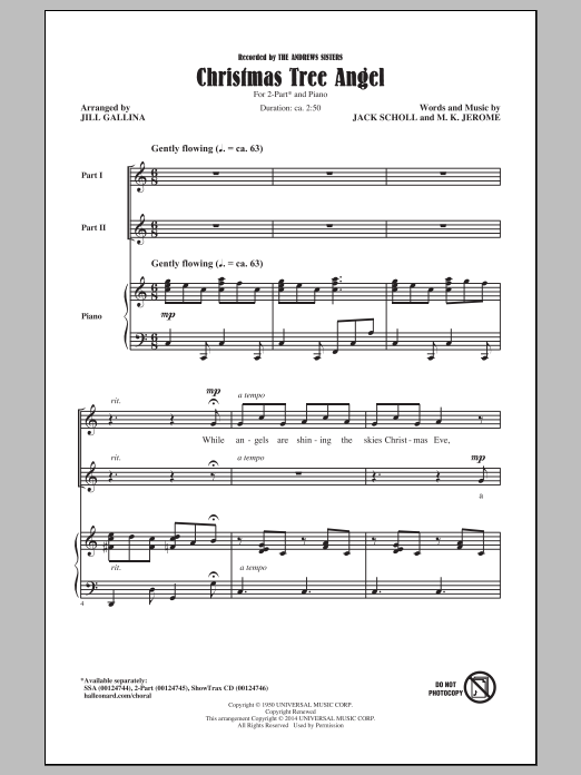 The Andrews Sisters Christmas Tree Angel (arr. Jill Gallina) sheet music notes and chords. Download Printable PDF.