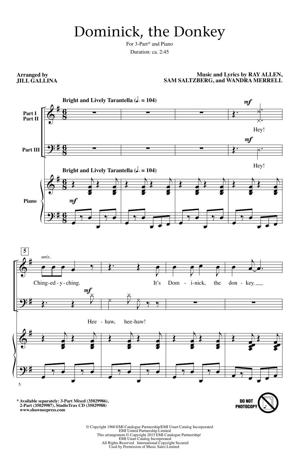 Jill Gallina 'Dominick, The Donkey' Sheet Music, Chords &amp; Lyrics ...