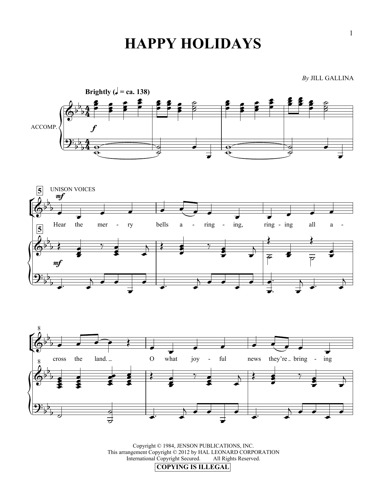 Jill Gallina Happy Holidays sheet music notes and chords. Download Printable PDF.