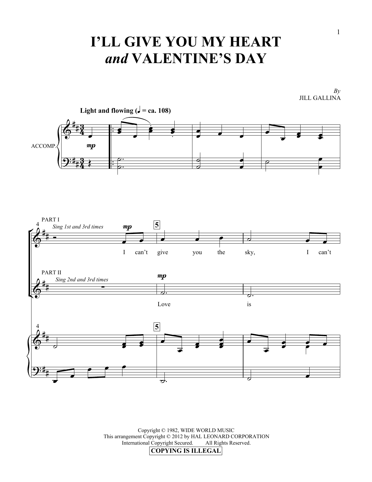 Learn to play Jill Gallina I'll Give You My Heart & Valentine's Day sheet music for Vocal Duet in minutes. Price: 6.9900$ Jill Gallina I'll Give You My Heart & Valentine's Day sheet music notes and chords arranged for Vocal Duet