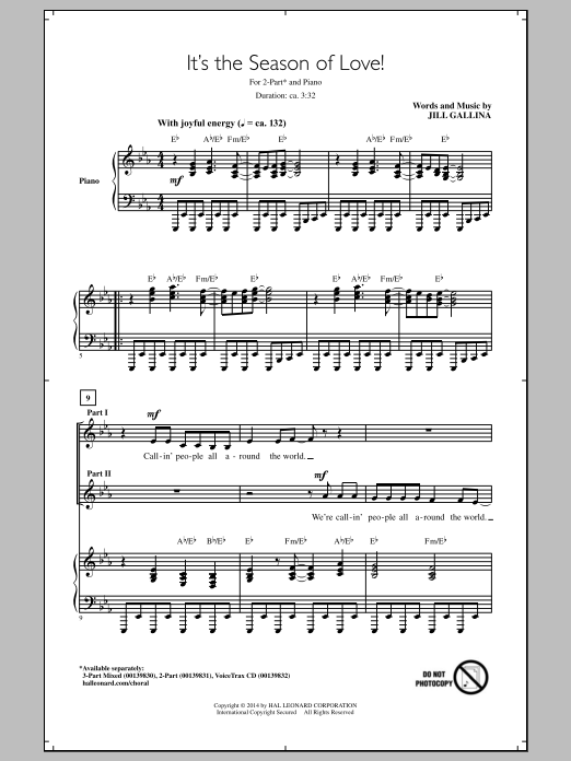 Learn to play Jill Gallina It's The Season Of Love! sheet music for 2-Part Choir in minutes. Price: 3.9900$ Jill Gallina It's The Season Of Love! sheet music notes and chords arranged for 2-Part Choir