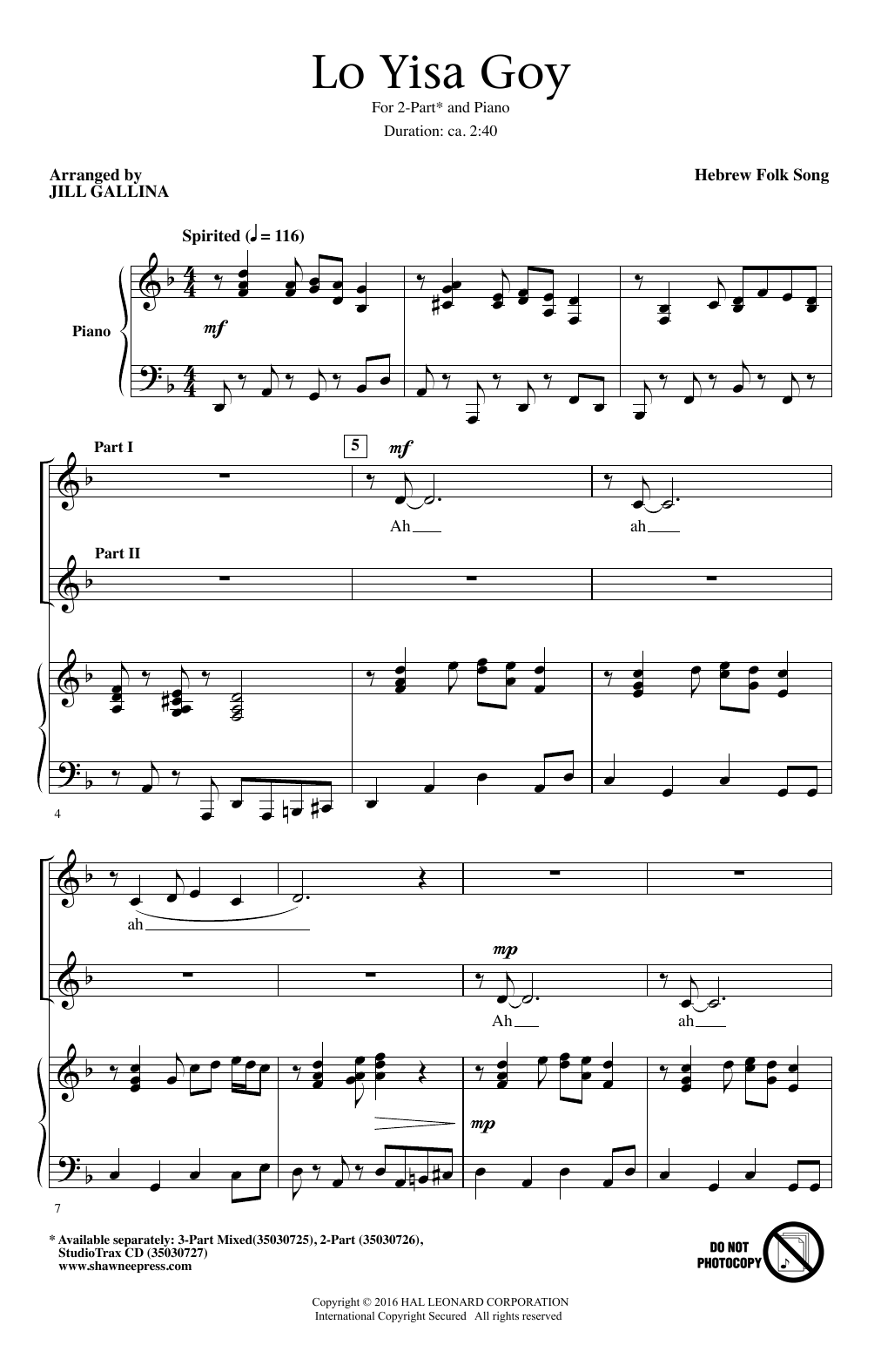 Hebrew Folk Song Lo Yisa Goy (arr. Jill Gallina) sheet music notes and chords. Download Printable PDF.