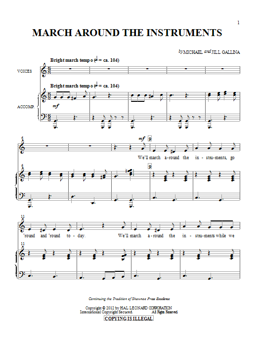 Learn to play Michael & Jill Gallina March Around The Instruments sheet music for Choir in minutes. Price: 3.9900$ Michael & Jill Gallina March Around The Instruments sheet music notes and chords arranged for Choir