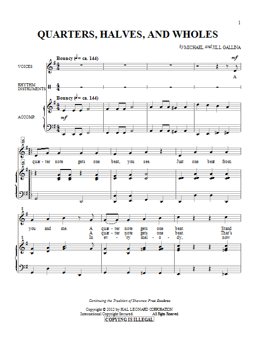 Learn to play Michael & Jill Gallina Quarters, Halves And Wholes sheet music for Choir in minutes. Price: 3.9900$ Michael & Jill Gallina Quarters, Halves And Wholes sheet music notes and chords arranged for Choir