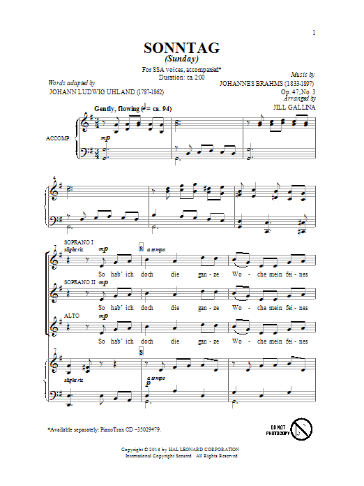 Learn to play Johannes Brahms Sonntag (arr. Jill Gallina) sheet music for SSA Choir in minutes. Johannes Brahms Sonntag (arr. Jill Gallina) sheet music notes and chords. Download Printable PDF.