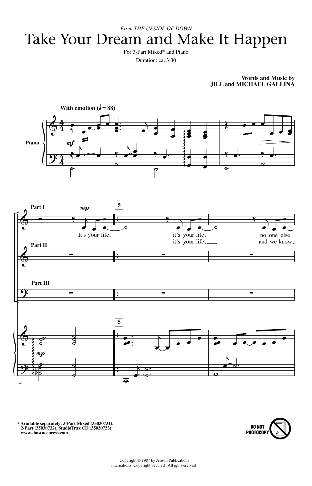 Learn to play Jill Gallina Take Your Dream & Make It Happen sheet music for 2-Part Choir in minutes. Price: 3.9900$ Jill Gallina Take Your Dream & Make It Happen sheet music notes and chords arranged for 2-Part Choir